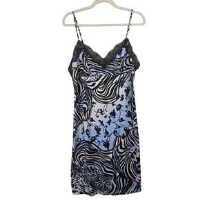 Natori Blue Black Zebra Animal Print Lace Trim Slip Dress Midi Medium Y2K Sleep